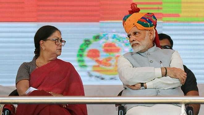 Rajasthan CM Vasundhara Raje and PM Narendra Modi at the public meeting in Jhunjunu, Rajasthan.&nbsp;