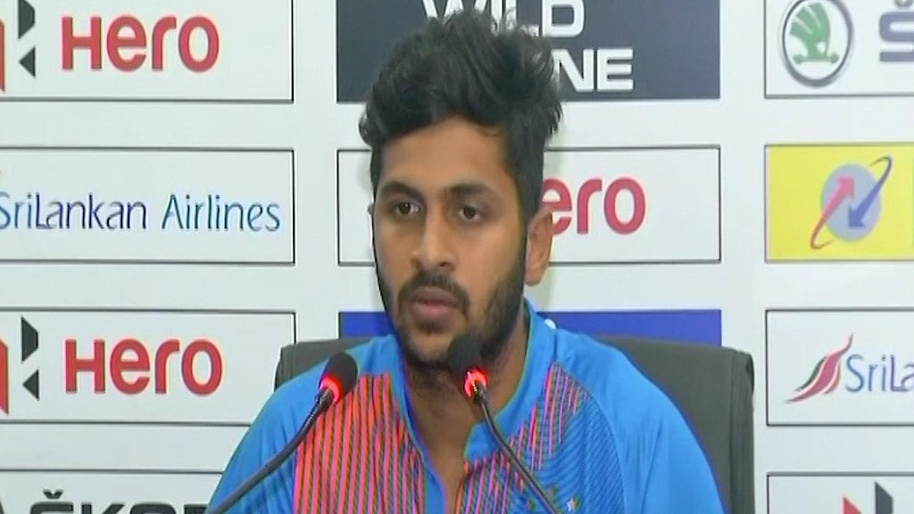 Shardul Thakur speaks to the media after the T20 match against Sri Lanka in Colombo on Monday.
