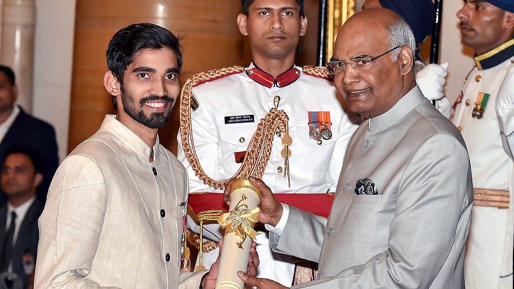President Ram Nath Kovind confers Padma Shri on Badminton player Kidambi Srikanth during the Padma Awards 2018 function at Rashtrapati Bhavan in New Delhi.