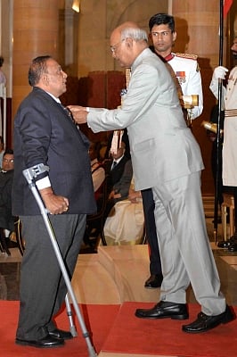 New Delhi: Murlikant Petkar receives Padma Shri from President Ram Nath Kovind at the Civil Investiture Ceremony, at Rashtrapati Bhavan, in New Delhi on March 20, 2018. A 1965 war hero, he went on to become India