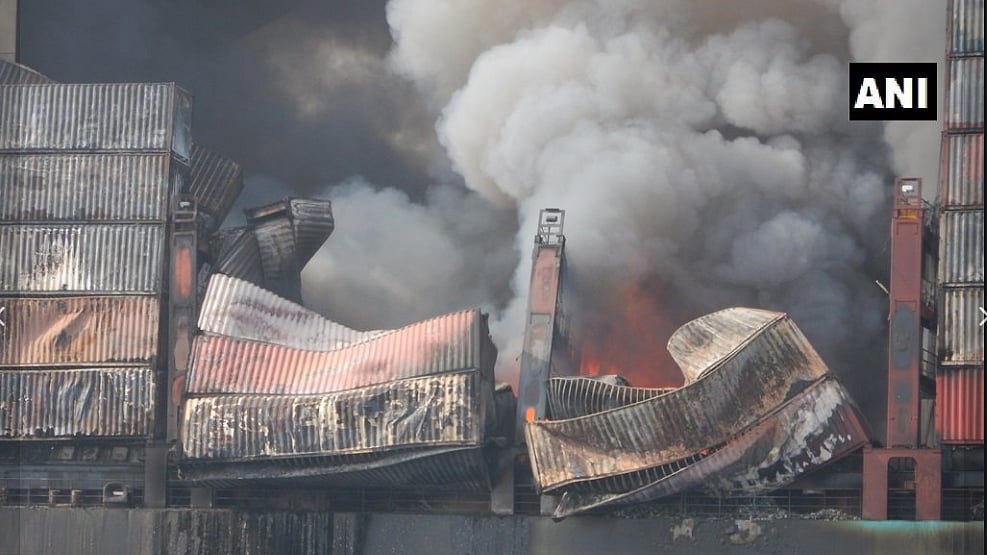 Latest visual of Maersk Container Ship, with 27 crew members on board that caught fire following an explosion at sea at 340 nautical miles from Agatti in Lakshwadeep Islands on 6 March.