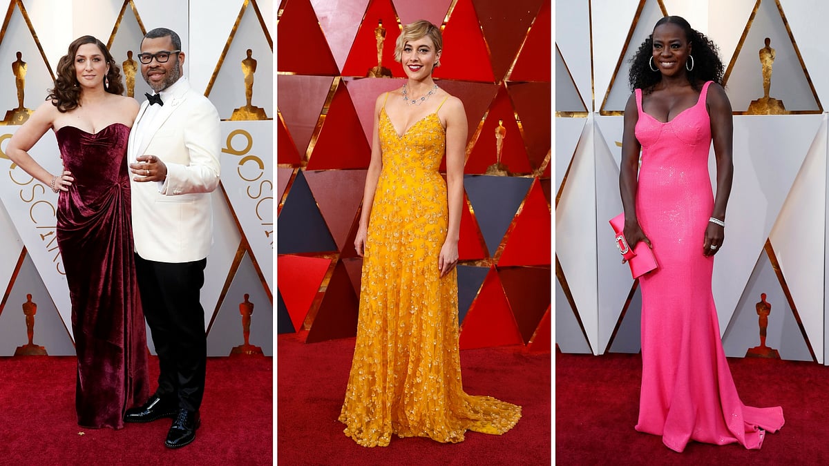 Jordan Peele with wife Chelsea Peretti, Greta Gerwig and Viola Davis on the red carpet at the Oscars 2018 event.&nbsp;