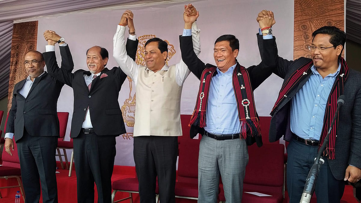 Newly-appointed Nagaland CM Neiphiu Rio, Assam CM Sarbananda Sonowal, Manipur CM N Biren Singh, Arunachal Pradesh CM Pema Khandu and Meghalaya CM Conrad Sangma during Rio’s swearing-in ceremony in Kohima on Thursday.&nbsp;