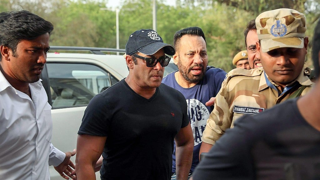 Bollywood actor Salman Khan at Jodhpur airport after he was granted bail in the 1998 Blackbuck poaching case on 7 April. 
