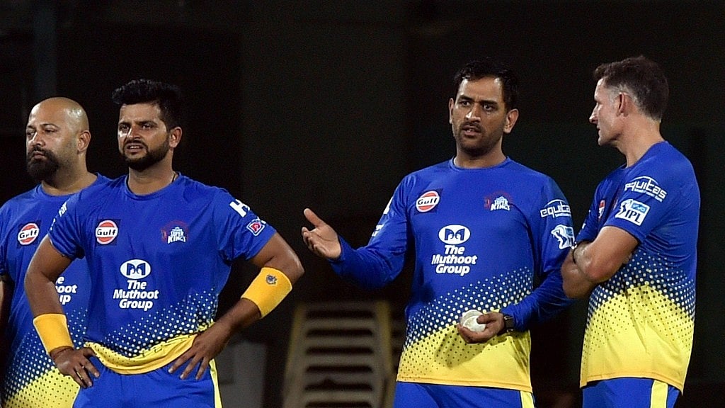 Chennai Super Kings captain MS Dhoni with Suresh Raina and Mike Hussey at a practise session.