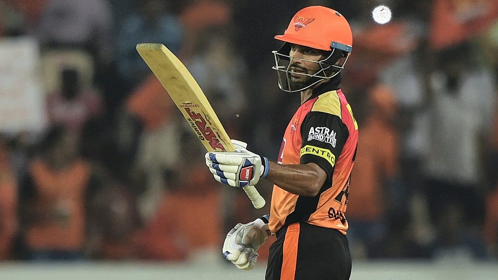 Sunrisers Hyderabad’s batsman Shikhar Dhawan celebrates his fifty runs during the IPL 2018 cricket match against Rajasthan Royals at Rajiv Gandhi International Stadium in Hyderabad on 9 April.