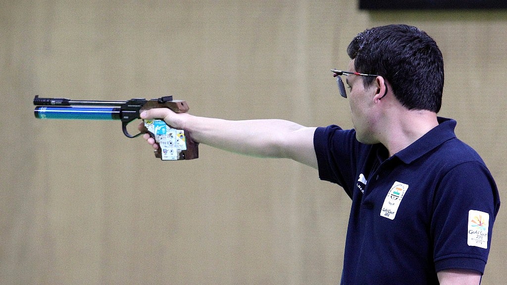 Jitu Rai competes in the men’s 10m Air Pistol final at the Belmont Shooting Centre during the 2018 Commonwealth Games in Australia. 