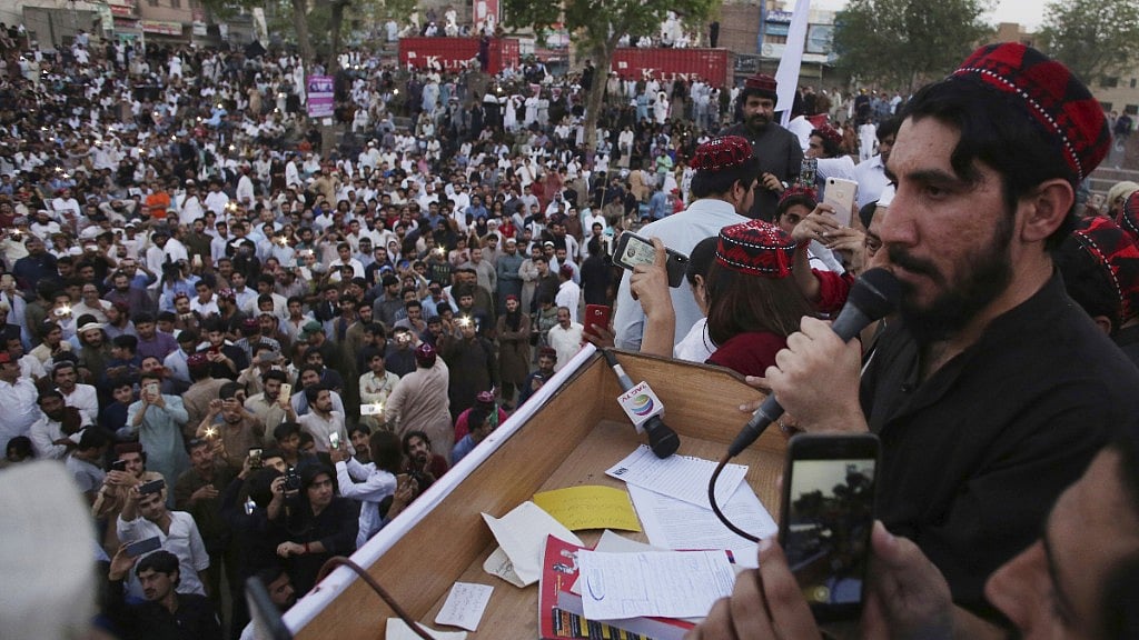 Manzoor Pashteen, a leader of Pashtun Protection Movement, addresses his supporters during a rally in Lahore, Pakistan.