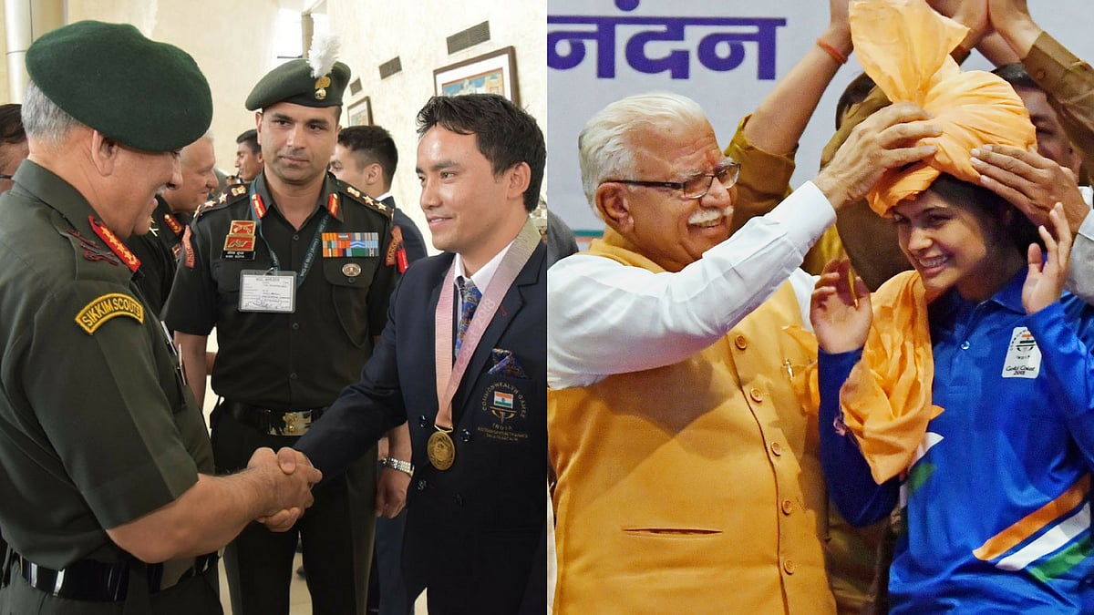 Army Chief General Bipin Rawat congratulates Subedar Jitu Rai, Gold Medallist (Shooting) for his outstanding performance in the recently concluded Commonwealth Games (CWG) 2018; in New Delhi on 18 April 2018