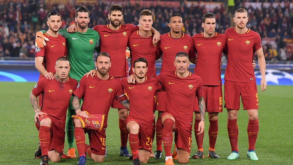 AS Roma lineup before the UEFA Champions League Quarterfinal match against FC Barcelona.