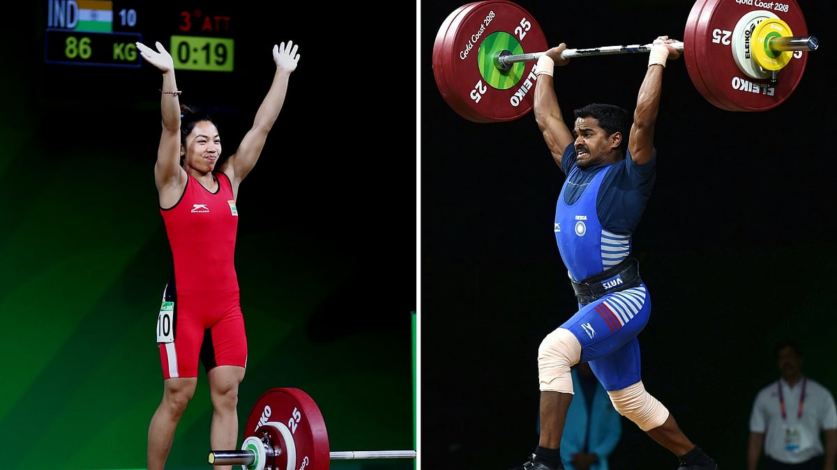 Indian weight lifters Mirabai Chanu (left) and P Gururaja (right) in action at the 21st Commonwealth Games in Gold Coast, Australia.