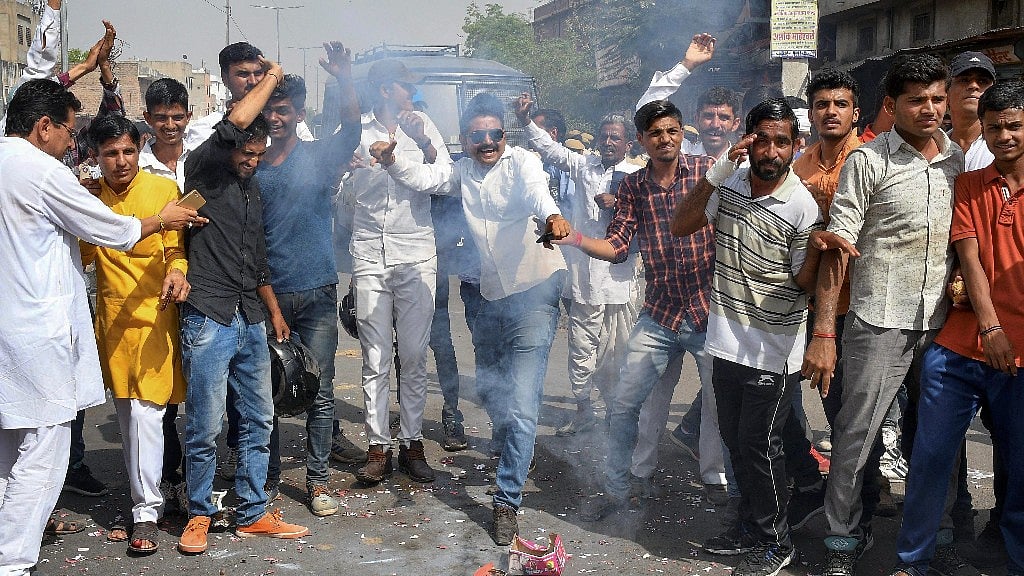 Members of theBishnoi community celebrate after Salman Khan was convicted in the Blackbuck poaching case on 5 April.&nbsp;