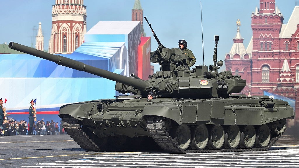 A Russian T-90 battle tank on display at a victory parade. 