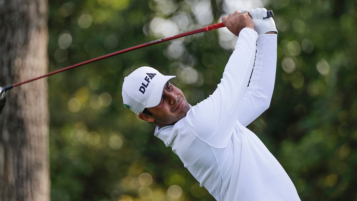 Shubhankar Sharma, of India, hits a drive on the second hole during the second round at the Masters golf tournament Friday, April 6, 2018, in Augusta