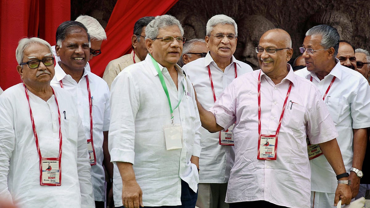 CPI(M) general secretary Sitaram Yechury, Kerala Chief Minister Pinarayi Vijayan, CPI(M) politburo member Prakash Karat and other leaders attend the 5-day long 22nd Congress of the CPI(M) at RTC Kalyana Mandapam in Hyderabad on 25 April.