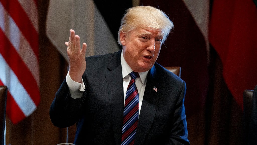 President Donald Trump speaks during a meeting with Baltic leaders in the Cabinet Room of the White House.