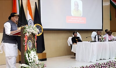 Hyderabad: Union Home Minister Rajnath Singh addresses at the inauguration of the 28 Special Composite Ground Complex of NSG, at Ibrahimpatnam, in Hyderabad on April 10, 2018. Also seen Andhra Pradesh and Telangana Governor E.S.L. Narasimhan and other dignitaries. (Photo: IANS/PIB)