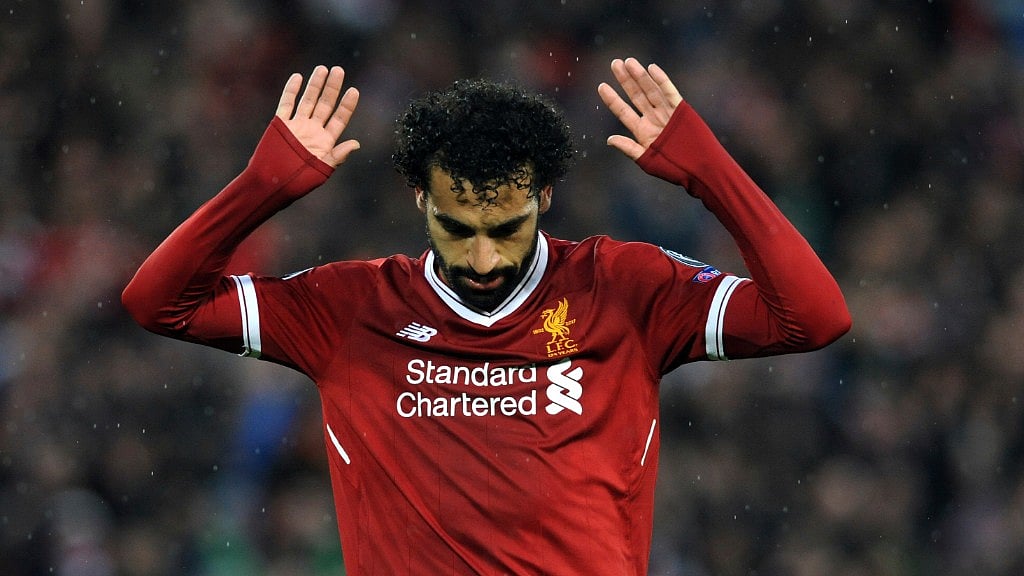 Liverpool’s Mohamed Salah gestures after scoring his side’s second goal during the Champions League semi-final, first leg, against Roma at Anfield Stadium.