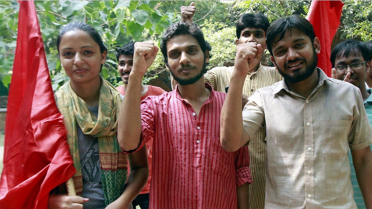 The winners of JNU students’ union election: (L to R) Vice-President Shehla Rashid Shora (AISA), General Secretary Rama Naga (AISA), and President Kanhaiya Kumar (AISF) celebrate their victory at the JNU campus in New Delhi on 13 September 2015.&nbsp;
