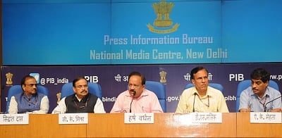 New Delhi: Union Minister for Science and Technology, Earth Sciences and Environment, Forest & Climate Change, Dr. Harsh Vardhan addresses during the Curtain Raiser Press Conference in the run-up to World Environment Day, in New Delhi on May 25, 2018. Also seen Ministry of Environment, Forest and Climate Change Secretary CK Mishra and other dignitaries. (Photo: IANS/PIB)