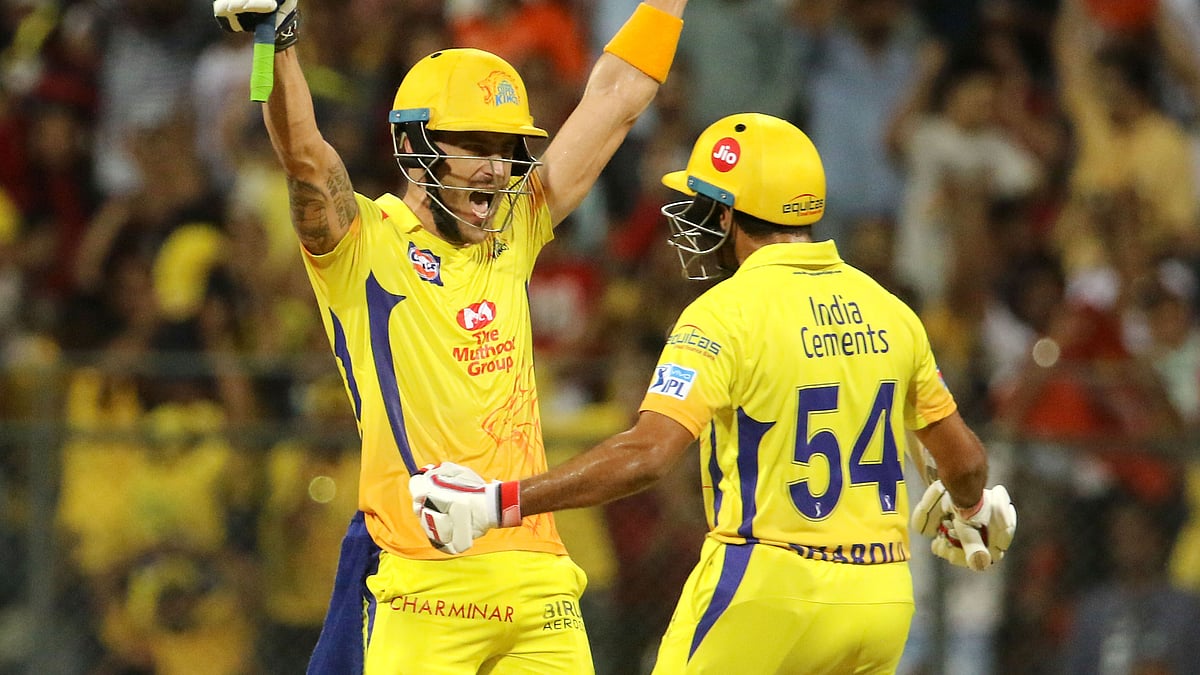 Faf du Plessis celebrates Shardul Thakur after taking Chennai Super Kings over the line against Sunrisers Hyderabad. 
