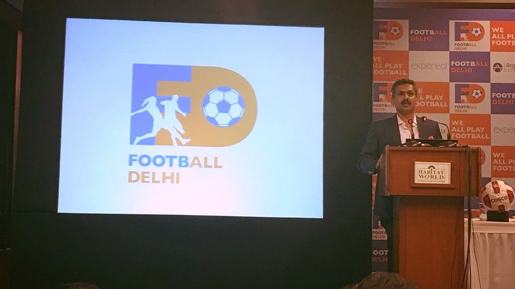 Football Delhi’s newly-elected president Shaji Prabhakaran releasing the new logo of the association.