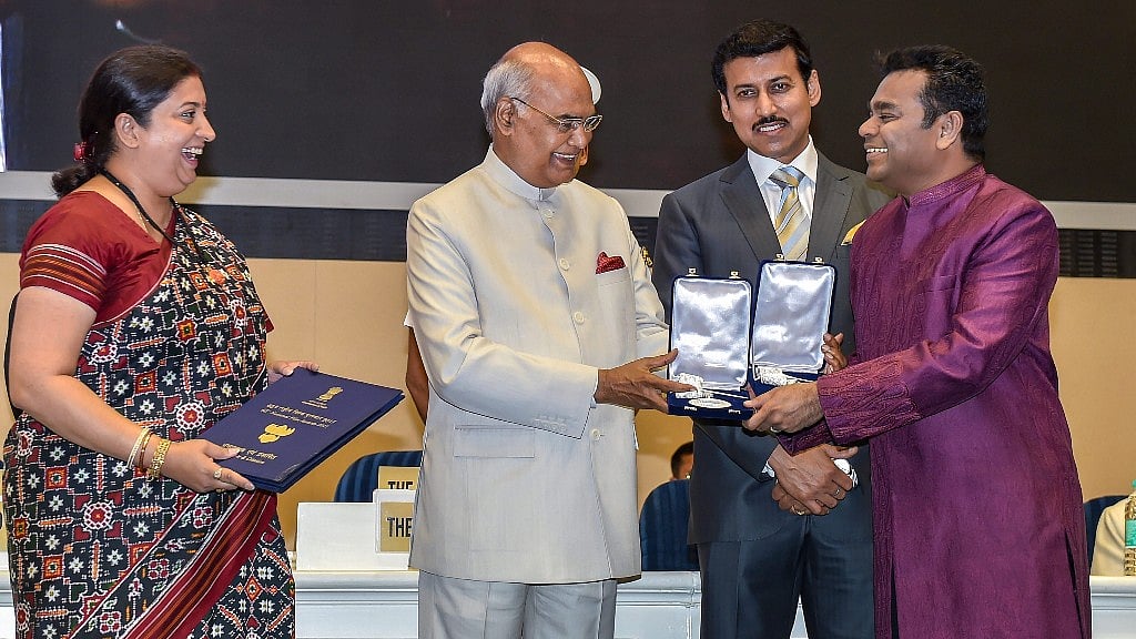 President Ram Nath Kovind confers the Best Music Direction Award on AR Rahman during the 65th National Film Awards function at Vigyan Bhavan on Thursday, one of the 11 awards that President Kovind gave. 