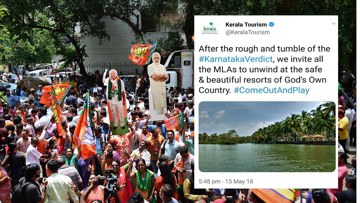 BJP workers celebrating when Karnataka Assembly election results were being calculated and the tweet of Kerala Tourism.