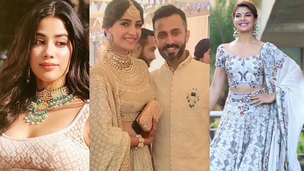 Janhvi, Sonam Kapoor, Anand Ahuja and Jacqueline Fernandez at the mehendi party.&nbsp;