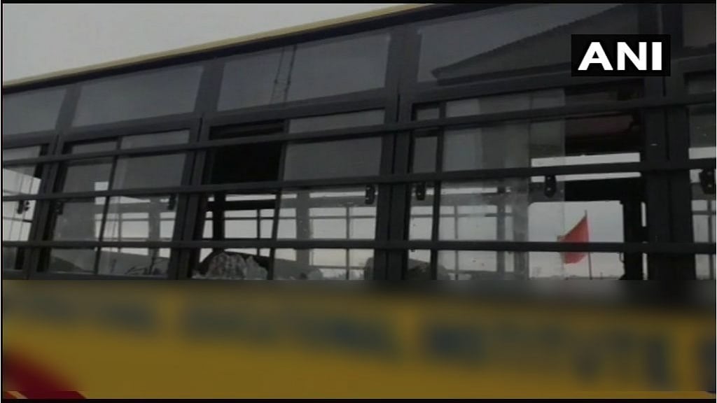 Visuals of school bus on which stones were pelted in Jammu and Kashmir. One student has been injured in the incident. 
