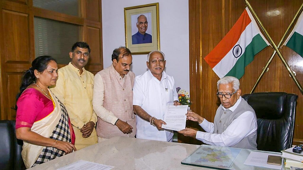 BJP’s chief ministerial candidate B S Yeddyurappa meets Karnataka Governor Vajubhai Vala after the Karnataka Assembly election results in Bengaluru.