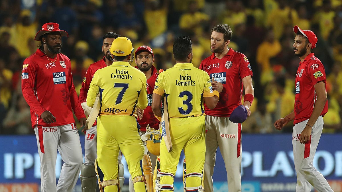 Players shake hands after the match during match fifty six of the Vivo Indian Premier League 2018 (IPL 2018) between the Chennai Super Kings and the Kings XI Punjab held at the Maharashtra Cricket Association Cricket Stadium, Pune on the 20th May 2018.