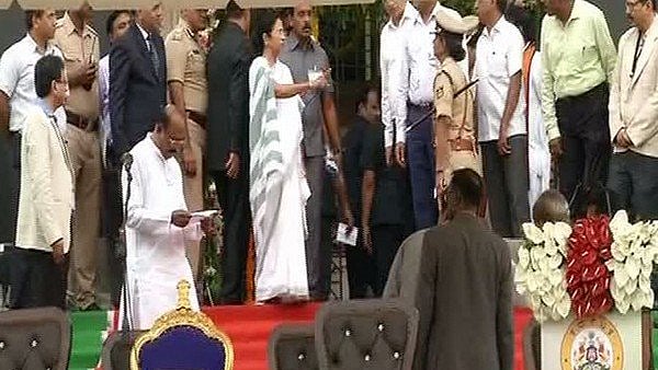 Mamata Banerjee at the Kumaraswamy swearing-in ceremony on Wednesday. 