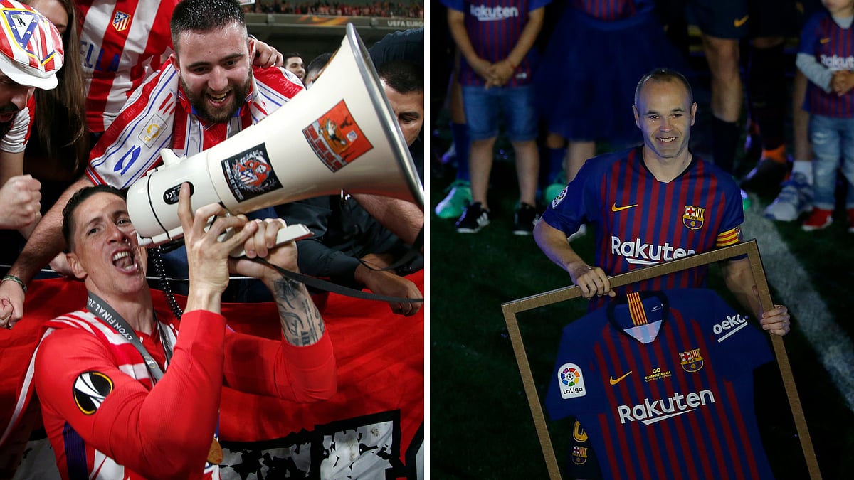 Torres celebrating after one of his goals (left) and Iniesta at Camp Nou on Sunday.