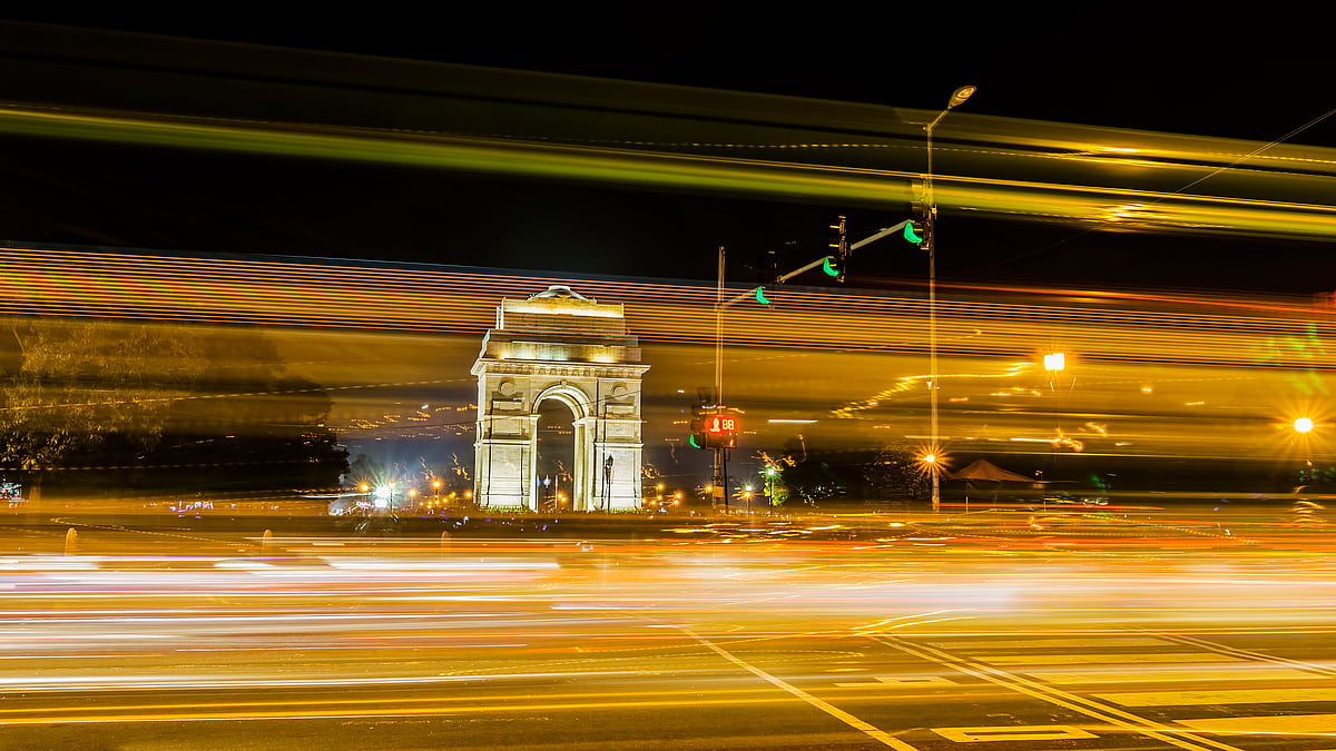 Light trails and India Gate in the background.&nbsp;
