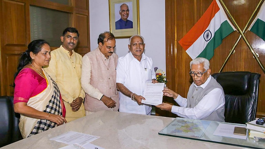 BJP’s chief ministerial candidate BS Yeddyurappa met Karnataka Governor Vajubhai Vala after the Karnataka Assembly election results, in Bengaluru on Tuesday, 15 May. 