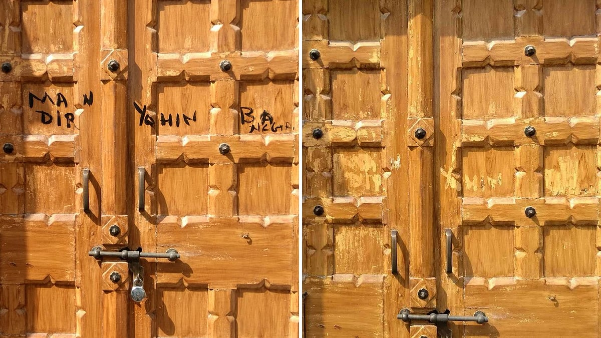 ‘Mandir yahin banega’ (‘The temple will be constructed here’) scribbled on the door (left), the chapel door after the slogan was scraped out (right). 