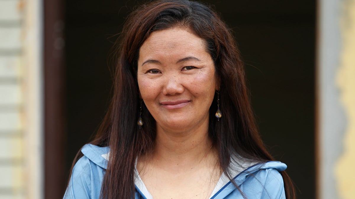 Nepalese female climber Lhakpa Sherpa talks with Associated Press in Kathmandu.