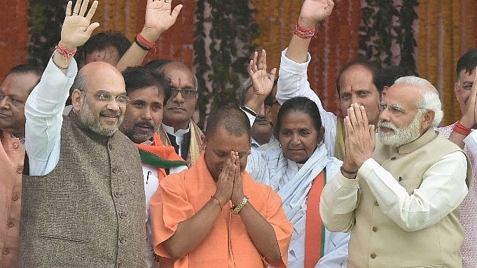 PM Modi and BJP chief Amit Shah with Uttar Pradesh CM Yogi Adityanath