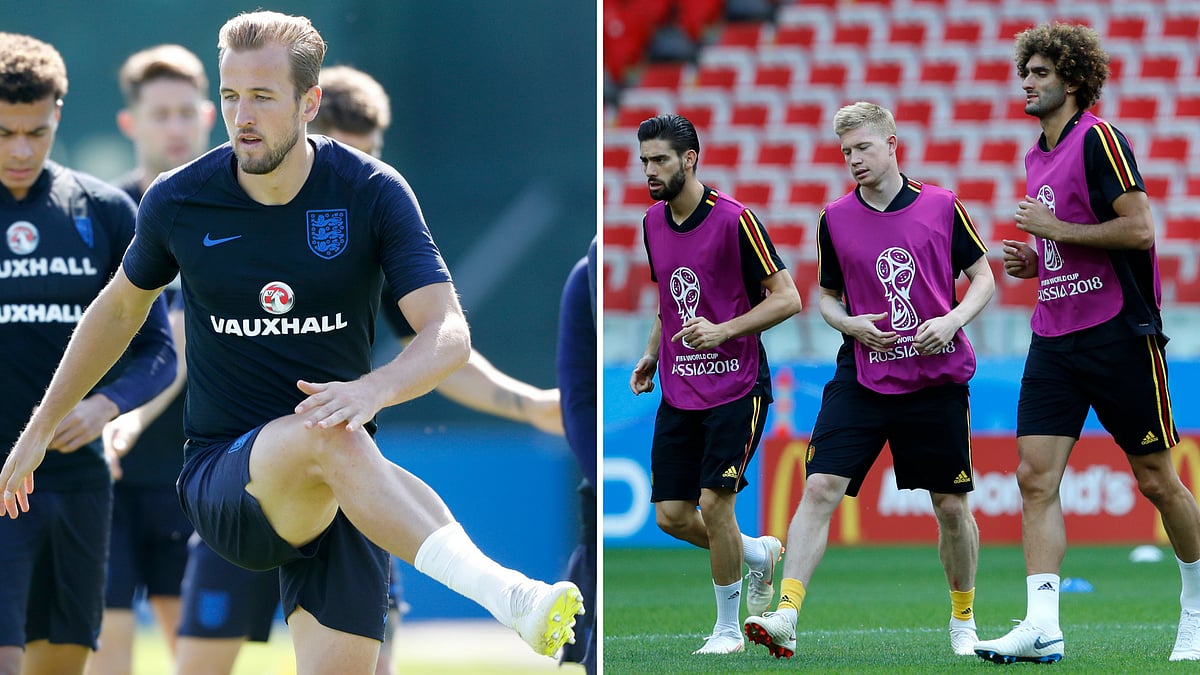 England’s Harry Kane and Belgium’s Yannick Carrasco, Kevin De Bruyne, Marouane Fellaini warming up during their official training.