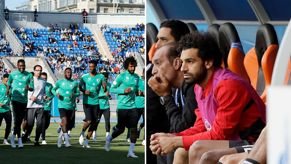 The Saudi Arabia team at a training session; Egypt’s Mohamed Salah at the Group A match between Egypt and Uruguay.