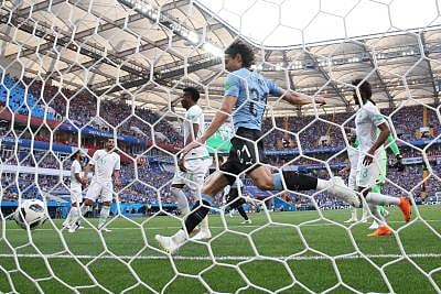 ROSTOV-ON-DON, June 20, 2018 (Xinhua) -- Edinson Cavani (2nd R) of Uruguay celebrates teammate Luis Suarez