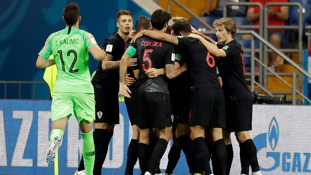 Croatia players celebrate after their teammate Ivan Perisic scored his side’s second goal during their Group D match against Iceland at the Rostov Arena in Rostov-on-Don on Tuesday.