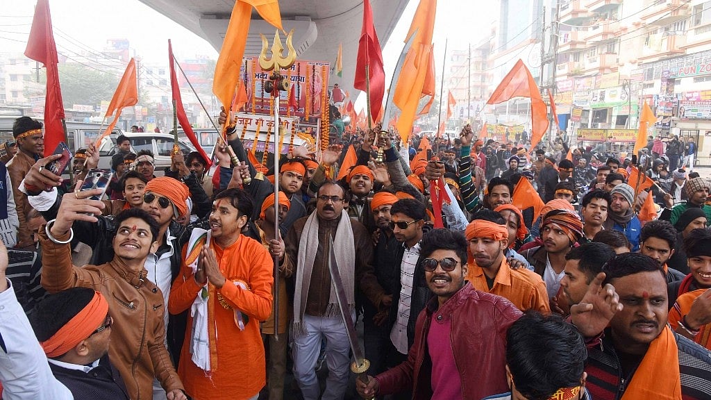 Bajrang Dal workers participate in a procession organised on Swami Vivekananda’s birth anniversary in Patna on 12 January 2018.