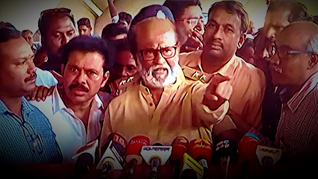 Rajinikanth loses his cool at a press conference at the Chennai airport.