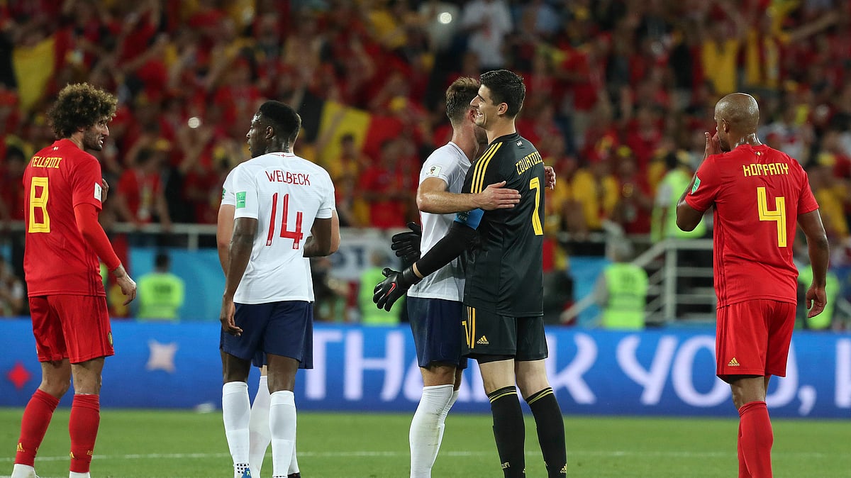 Belgium goalkeeper Thibaut Courtois, second from right, smiles after his team won the group G match between England and Belgium at the 2018 FIFA World Cup in the Kaliningrad Stadium in Kaliningrad, Russia.