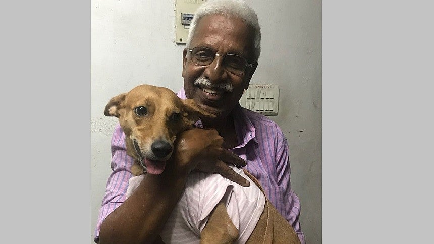 A 68-year-old man traveled from Coimbatore to Chennai to give the dog Bhadra, who was thrown off a terrace, a hug.