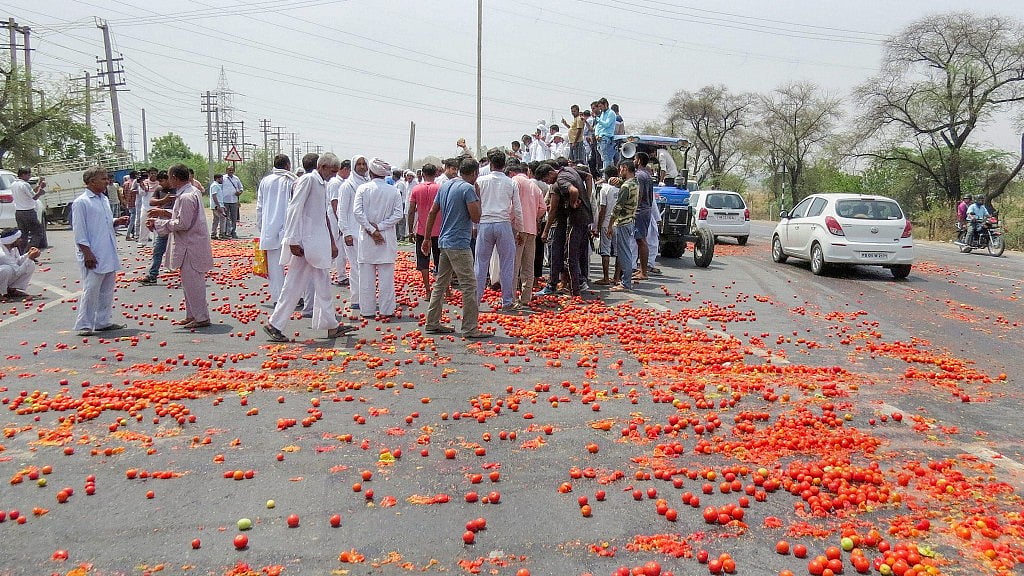 Vegetables lie scattered on a road as farmers protest enters third day, in Hisar, on 3 June, 2018. 
