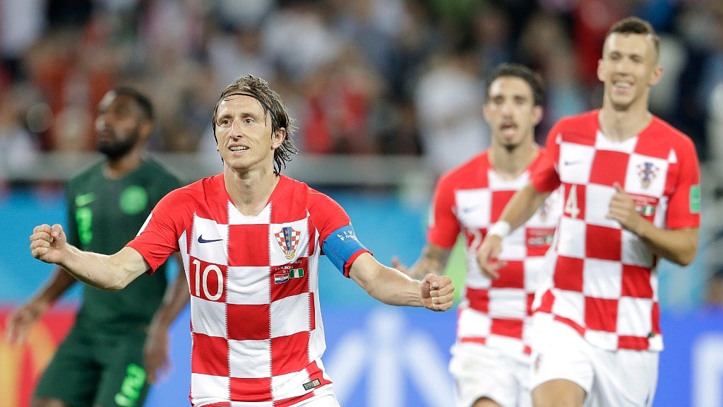 Croatia’s Luka Modric (left) celebrates with teammates after scoring from a penalty spot during their group D match against Nigeria at the Kaliningrad Stadium on Sunday. 