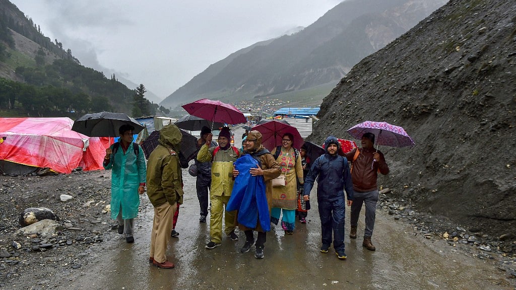 First batch of Amarnath pilgrims arrive at the base camp at Baltal, in Ganderbal district of central Kashmir on Thursday, 28 June.